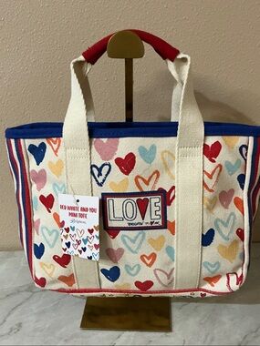 Brighton Cream Canvas Tote/Crossbody Bag, with Red, Blue & Multicolor Hearts